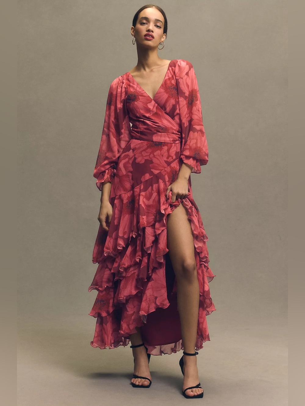 Hutch Kya Long-Sleeve V-Neck Printed Tiered Wrap Maxi Dress